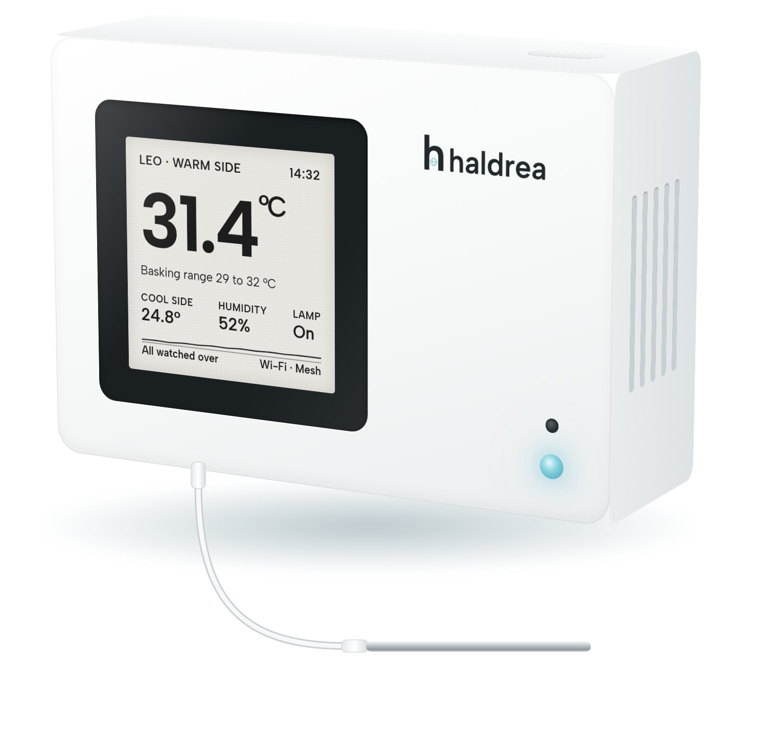 Haldrea One, a small white unit with a paper-like screen showing 31.4 °C on the warm side of a gecko's vivarium, with a stainless probe