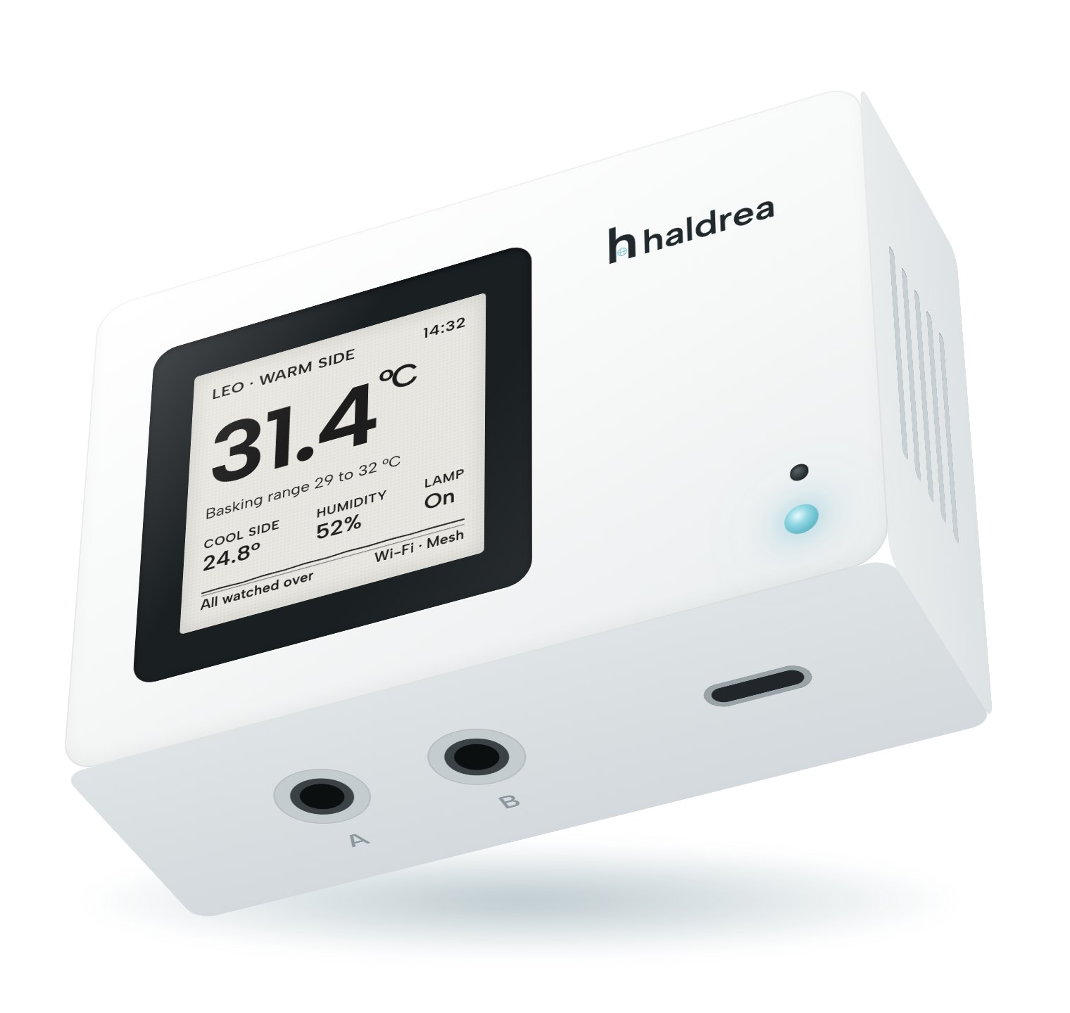 Haldrea One seen from below: probe sockets A and B and the USB-C port on the underside